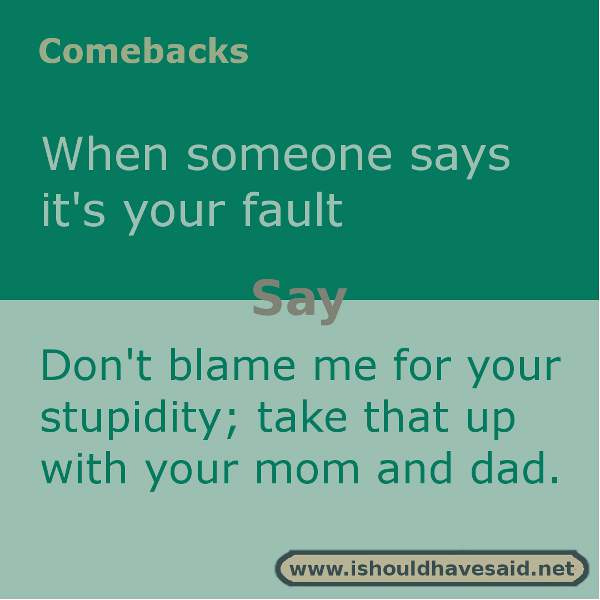 Clever responses when somebody blames you for something. Check out our top ten comeback lists. https://ishouldhavesaid.net