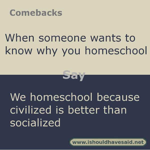 When people ask you why you home school your kids, use one of our clever comebacks below. Check out our top ten comeback lists. www.ishouldhavesaid.net.