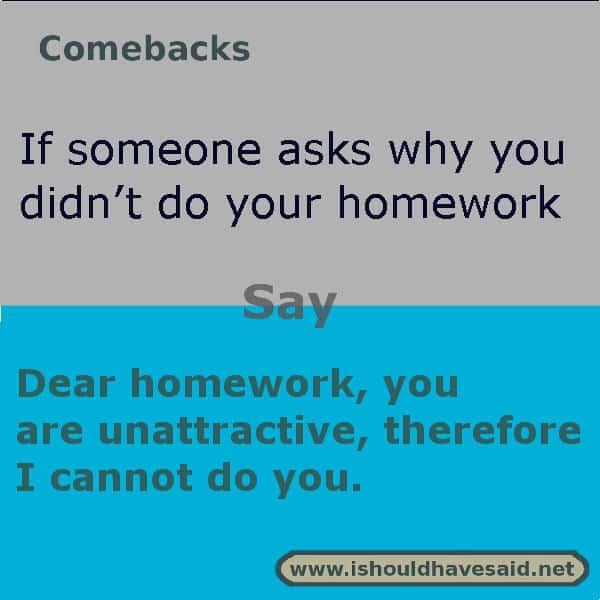 If you are asked why you didn't do your homework, use one of our clever comebacks. Check out our top ten comeback lists. www.ishouldhavesaid.net.