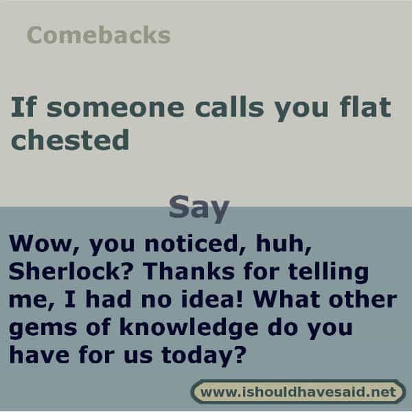 What to say if someone calls you flat chested, use one of our clever comebacks. Check out our top ten lists www.ishouldhavesaid.net.